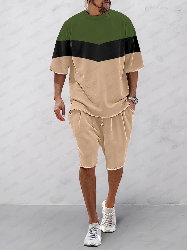 Athleisure Tri-Color Loose T-Shirt Set