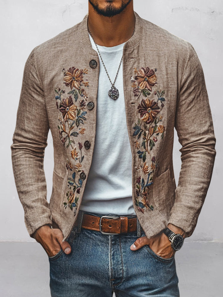 Floral Embroidered Cotton Linen Blazer
