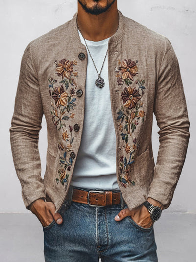 Floral Embroidered Cotton Linen Blazer
