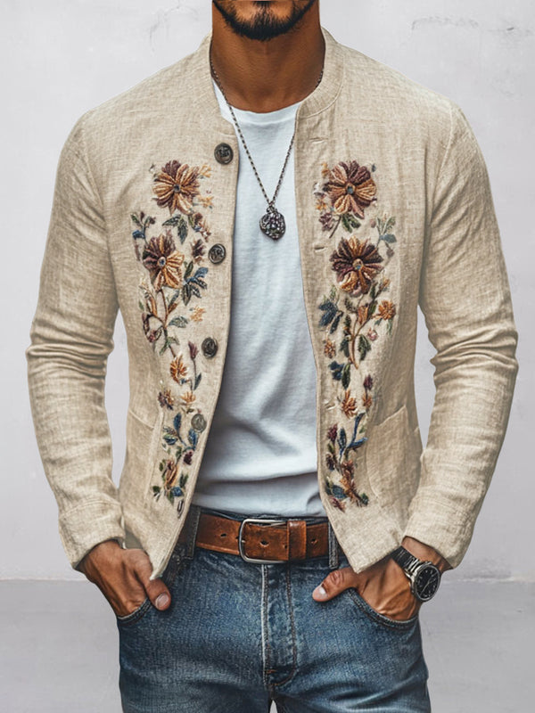 Floral Embroidered Cotton Linen Blazer