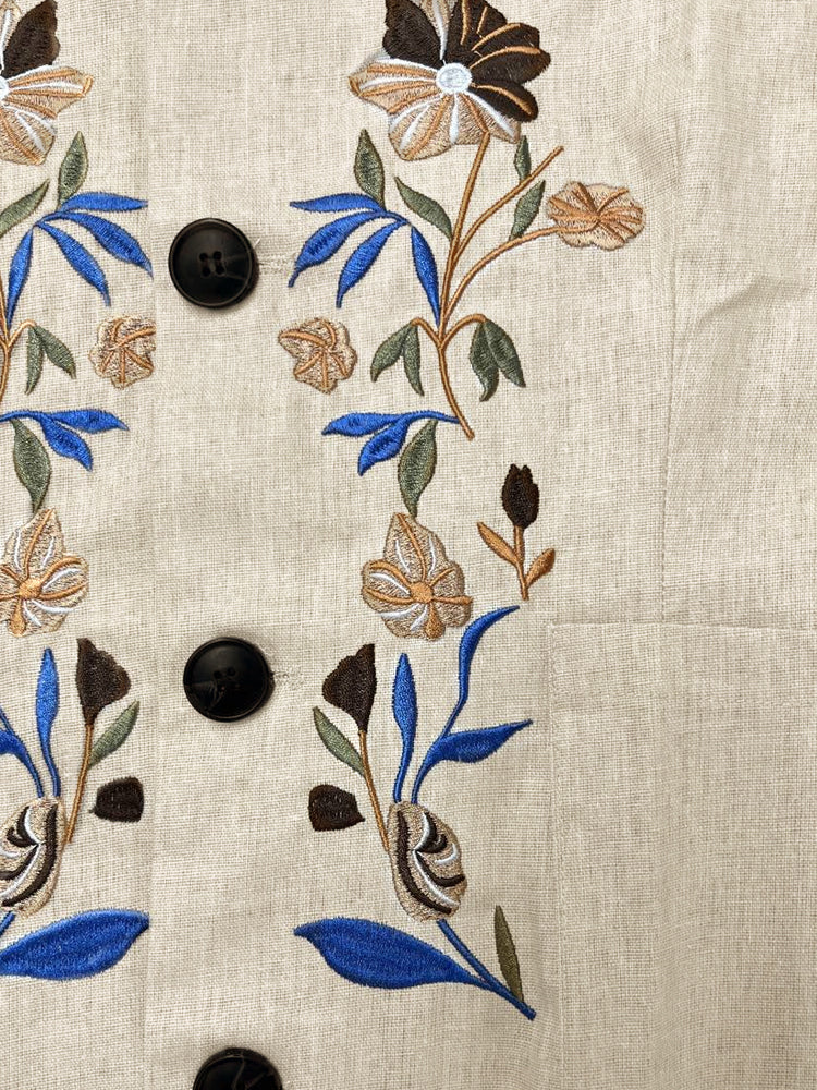 Floral Embroidered Cotton Linen Blazer