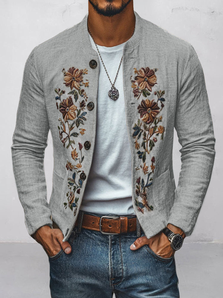 Floral Embroidered Cotton Linen Blazer