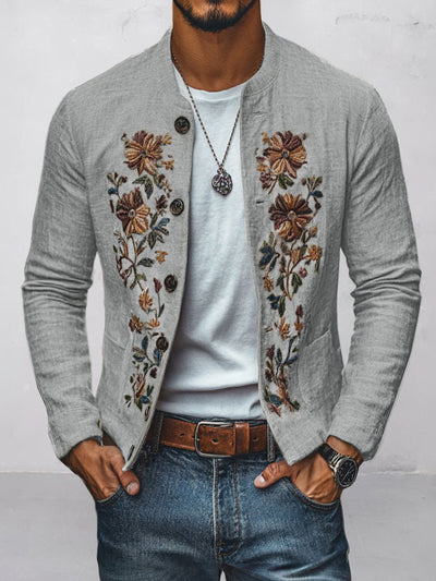 Floral Embroidered Cotton Linen Blazer