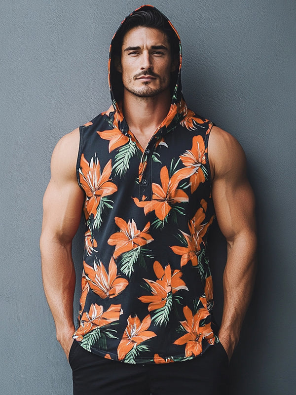 Tropical Floral Print Hooded Tank Top