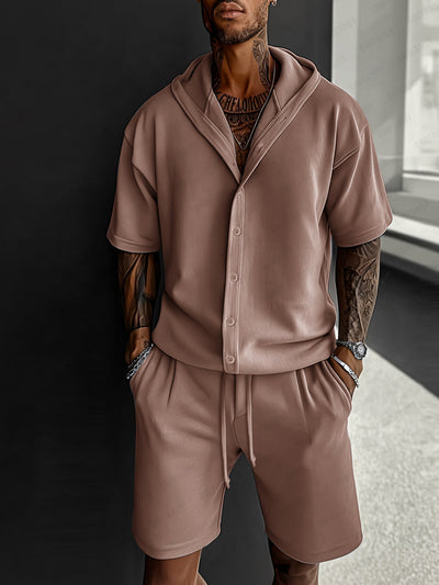 Simple Chic Hooded Shirt Shorts Set
