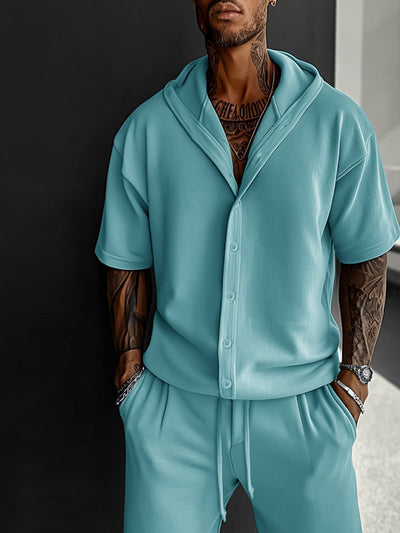 Simple Chic Hooded Shirt Shorts Set