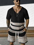Casual Colorblock Stripe Crochet Knit Matching Set