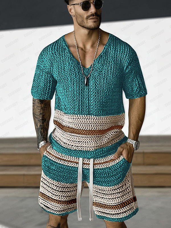 Casual Colorblock Stripe Crochet Knit Matching Set
