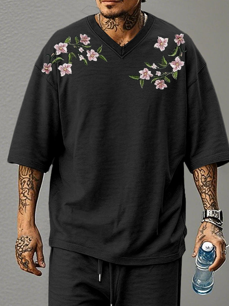 Casual Relaxed Embroidered T-Shirt Set
