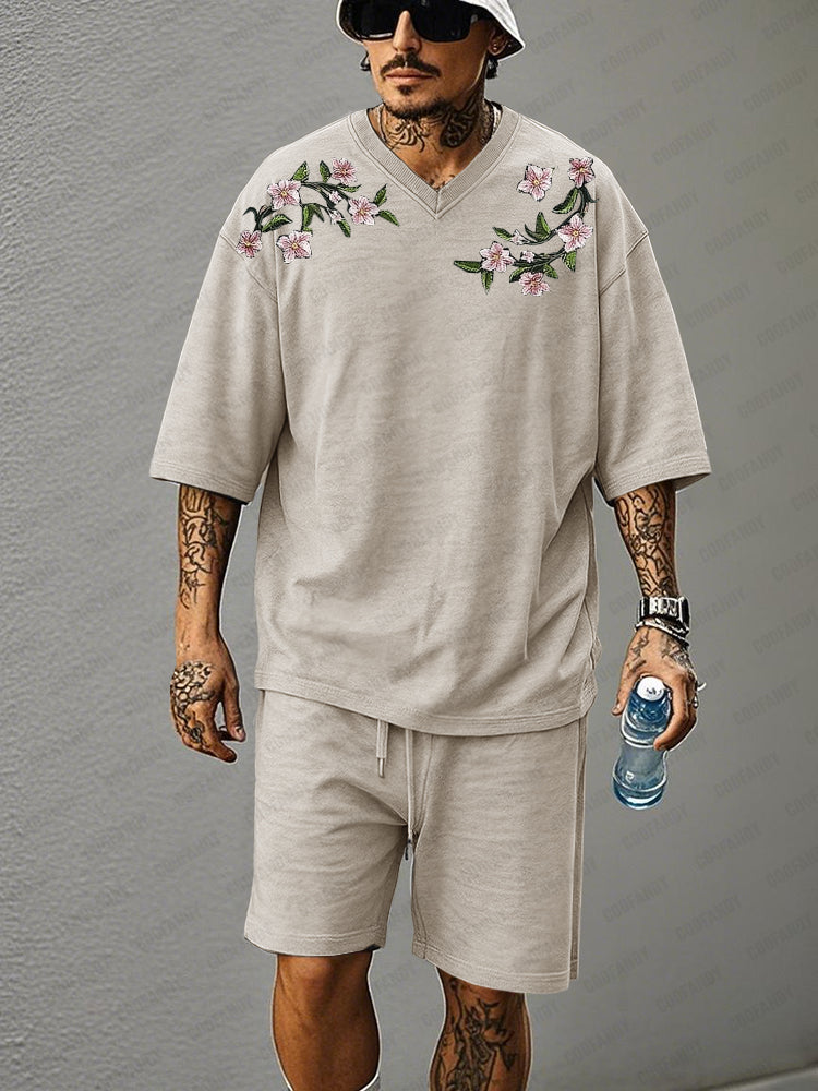 Casual Relaxed Embroidered T-Shirt Set