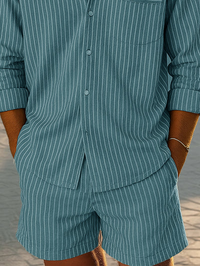 Loose Fit Stripe Cotton Shirt Shorts Set