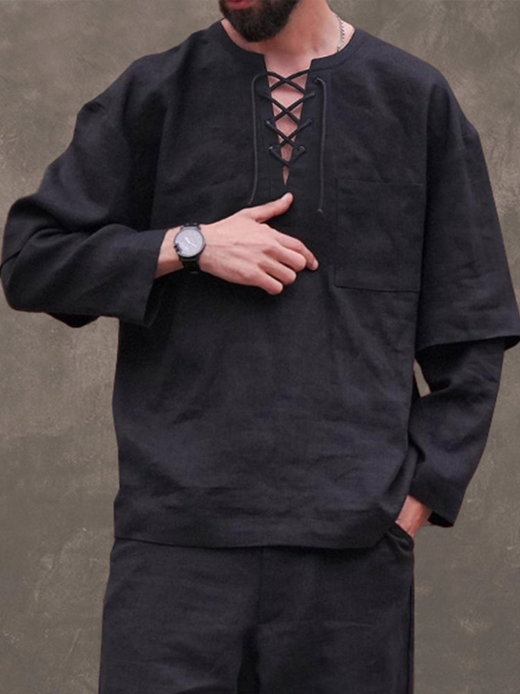 Premium Cotton Lace-up Shirt Set