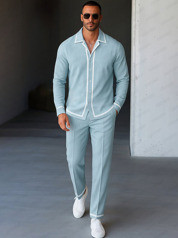 Casual Contrast Trim Shirt Pants Set