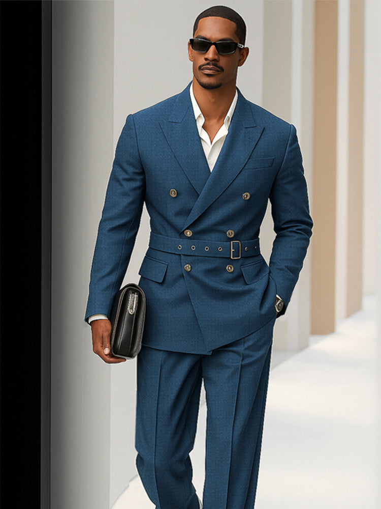 Modern Double Breasted Belted Suit Set
