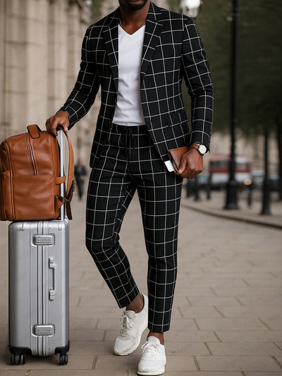 Classic Plaid Print Blazer Pants Set