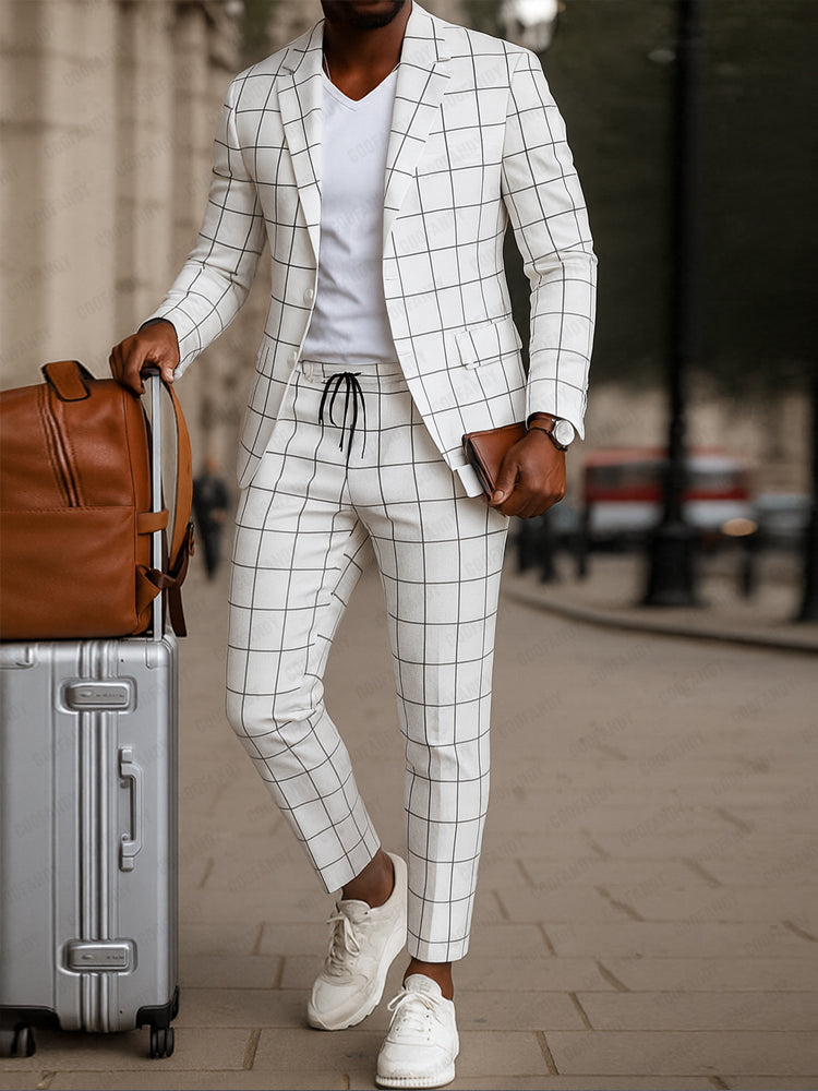 Classic Plaid Print Blazer Pants Set