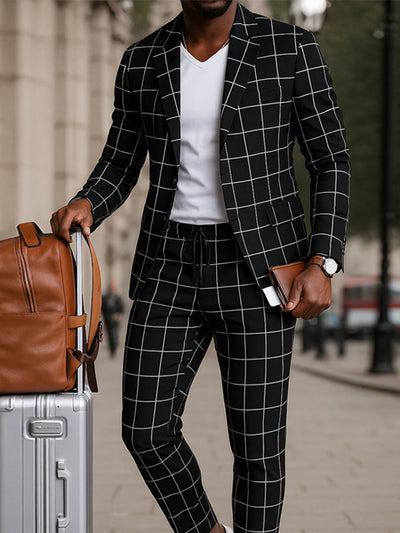 Classic Plaid Print Blazer Pants Set