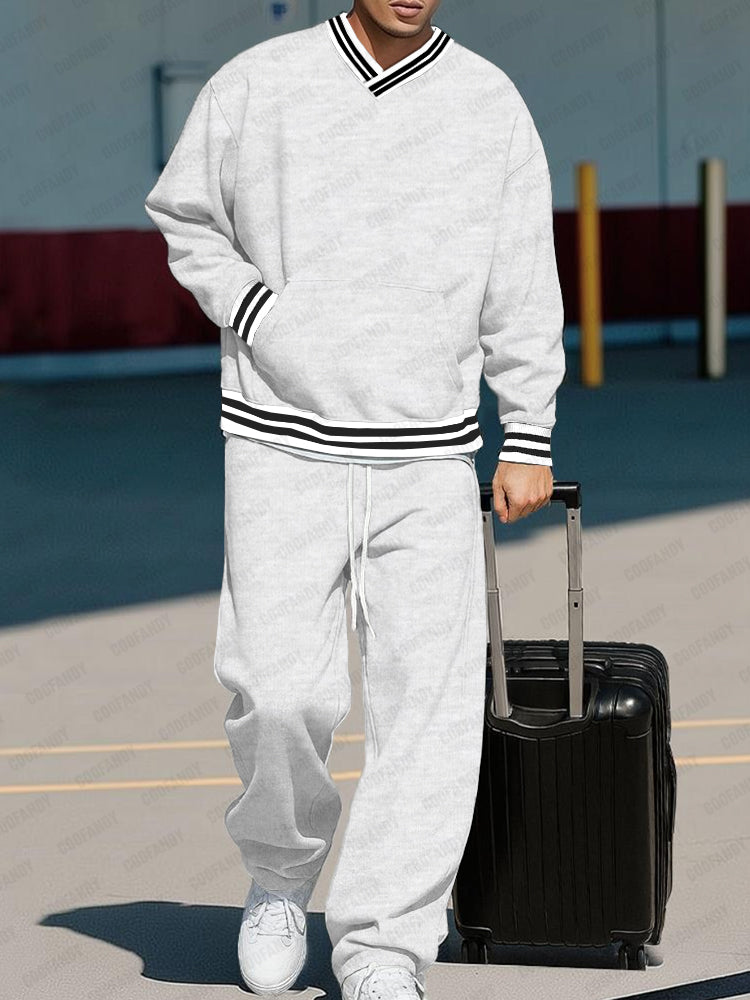 Casual Contrast Ribbed Sweatshirt Pants Set