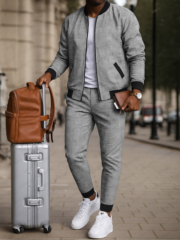 Smart Casual Plaid Tracksuit Set