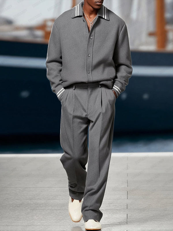 Versatile Ribbed Trim Jacket Pants Set