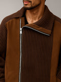 Unique Suede Paneled Zip-Up Knit Jacket