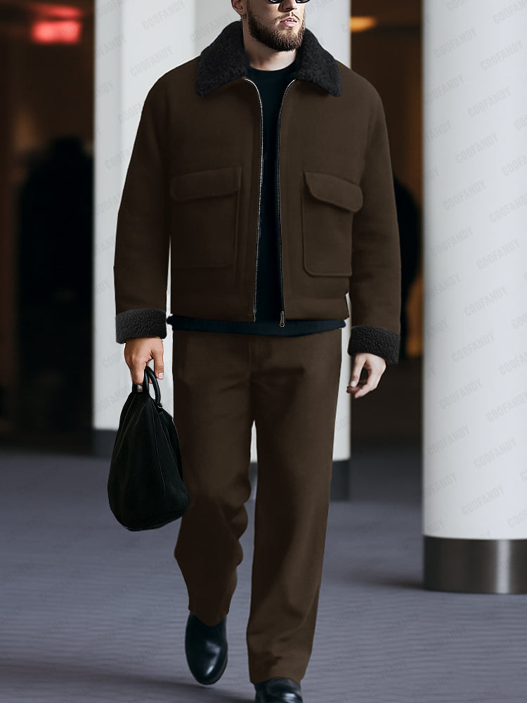 Urban Casual Fleece Collar Jacket Pants Set