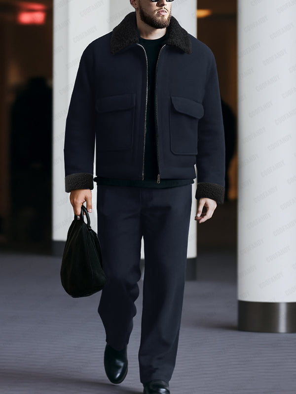 Urban Casual Fleece Collar Jacket Pants Set