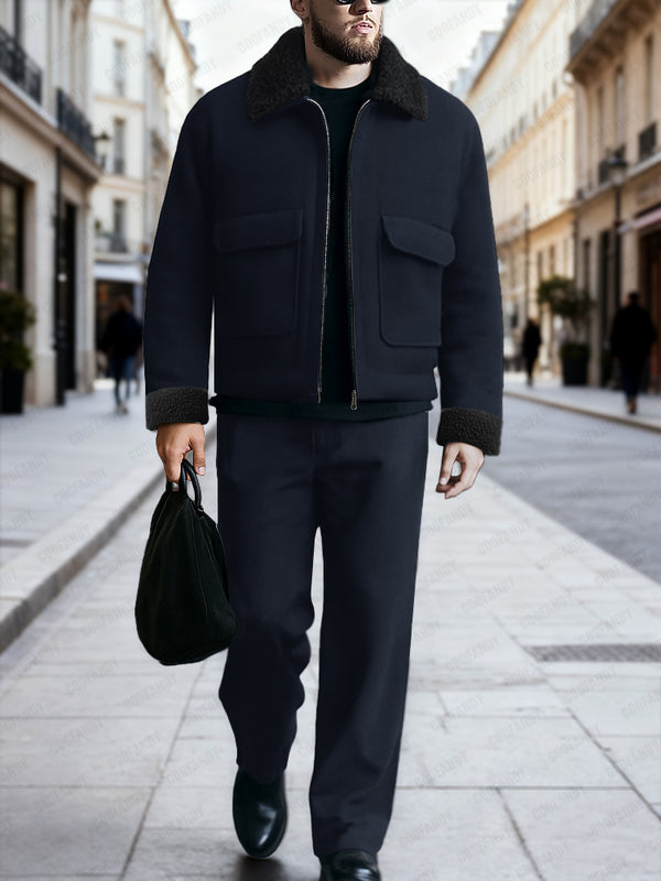 Urban Casual Fleece Collar Jacket Pants Set