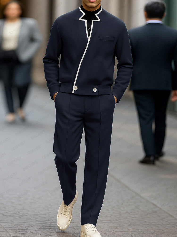 Modern Contrast Asymmetric Placket Jacket Set