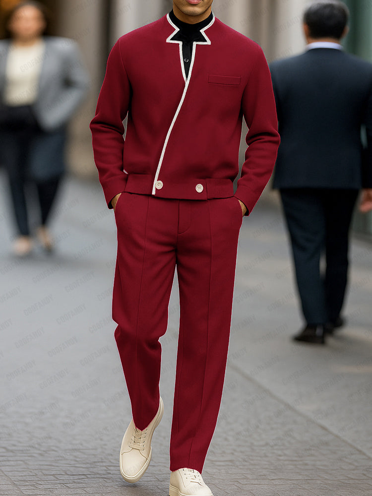 Modern Contrast Asymmetric Placket Jacket Set