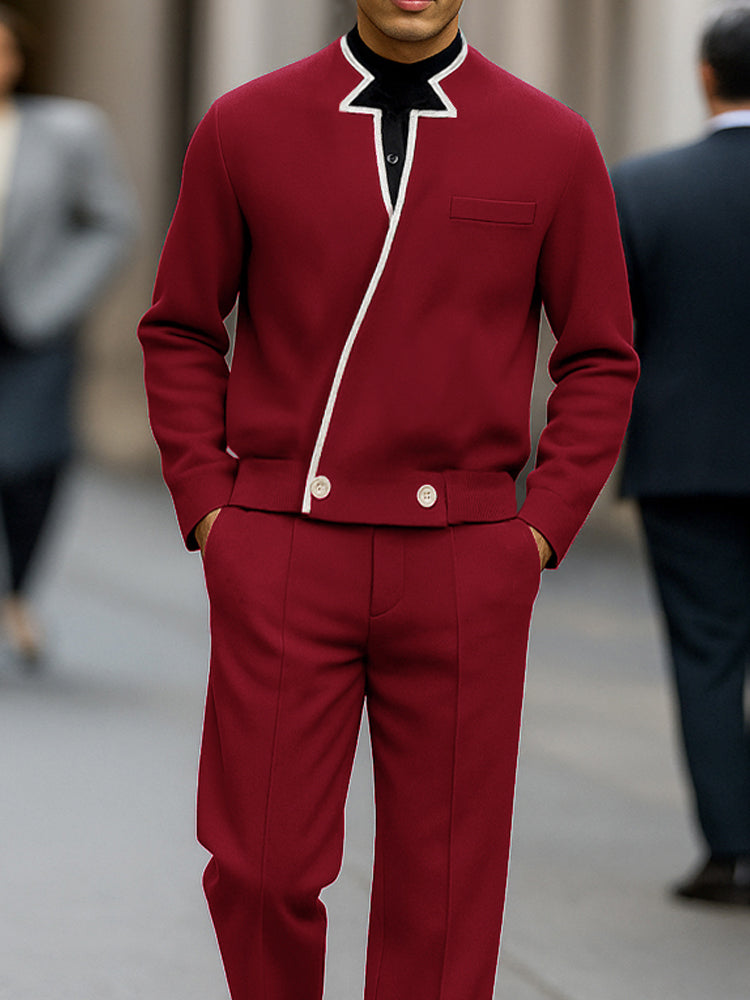 Modern Contrast Asymmetric Placket Jacket Set