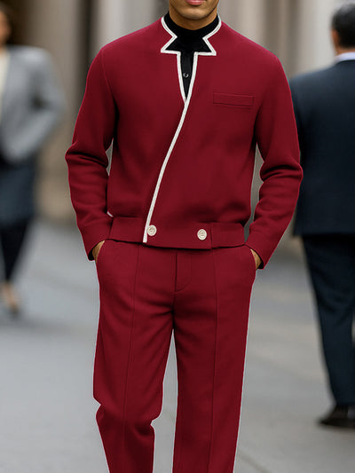 Modern Contrast Asymmetric Placket Jacket Set