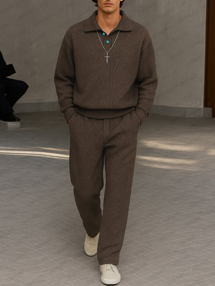 Casual Luxury Knit Polo Shirt Pants Set