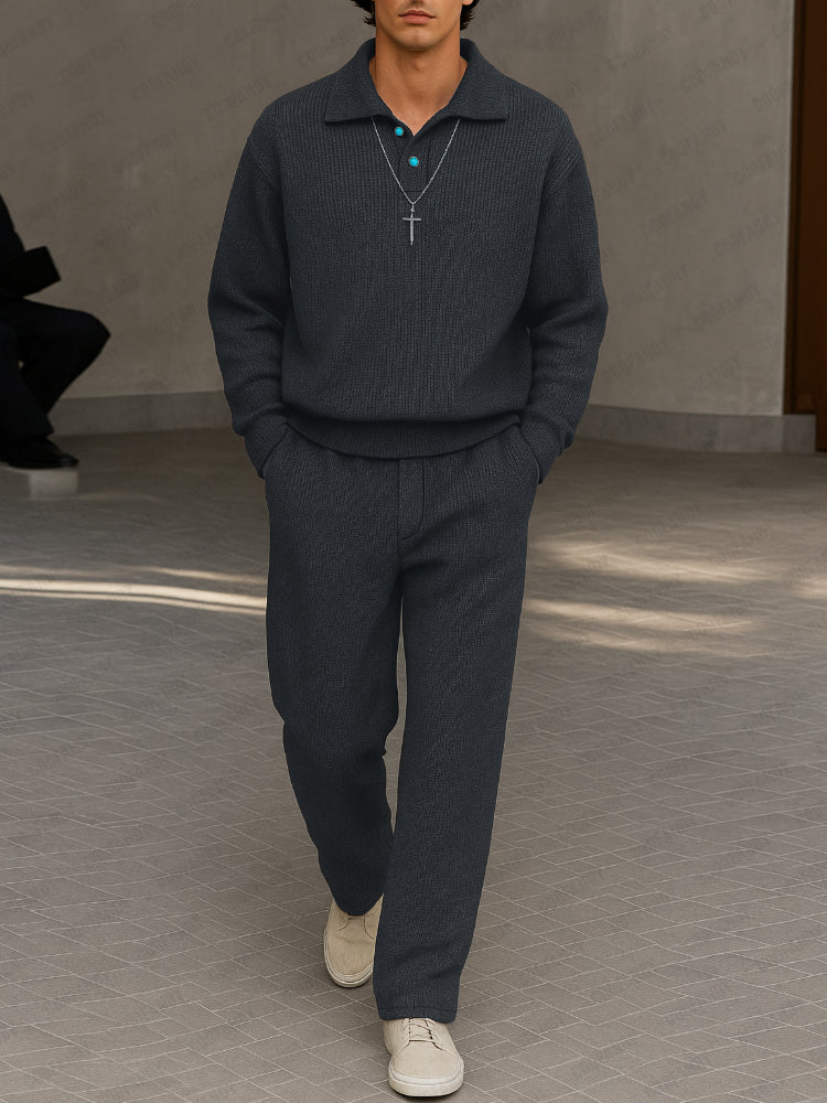 Casual Luxury Knit Polo Shirt Pants Set