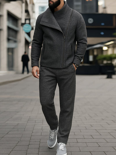 Unique Diagonal Zipper Jacket Pants Set