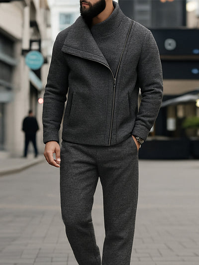 Unique Diagonal Zipper Jacket Pants Set