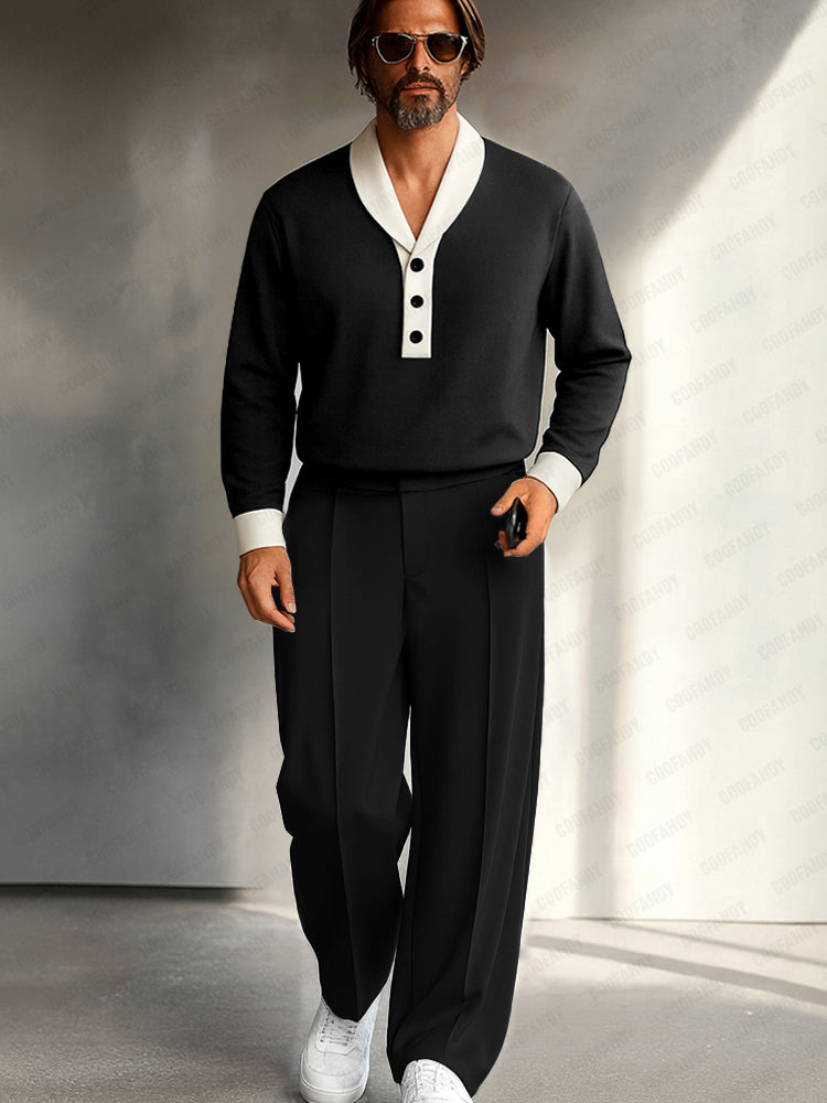 Modern Contrast Placket Top Pants Set