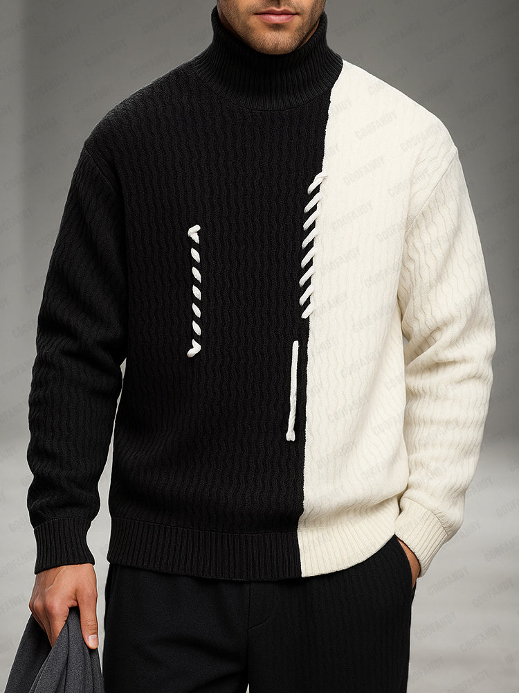 Designer Knit Patchwork Turtleneck Sweater