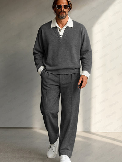 Fake 2-Piece Polo Collar Sweatshirt and Pants Set