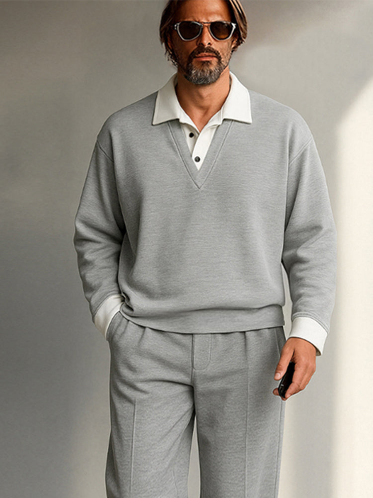 Fake 2-Piece Polo Collar Sweatshirt and Pants Set