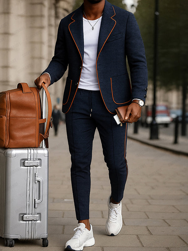 Casual Contrasting Line Design Jacket Pants Set