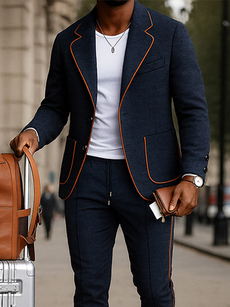 Casual Contrasting Line Design Jacket Pants Set