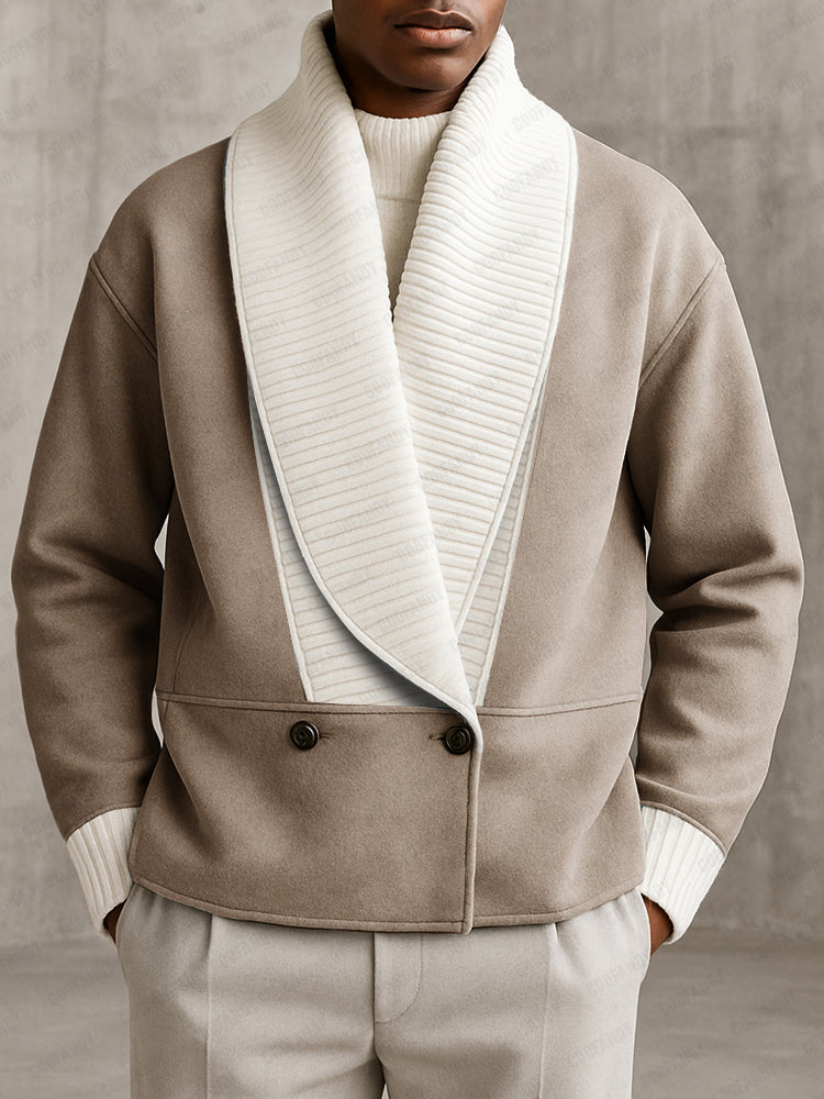 Two-Tone Ribbed Knit Patchwork Suede Coat