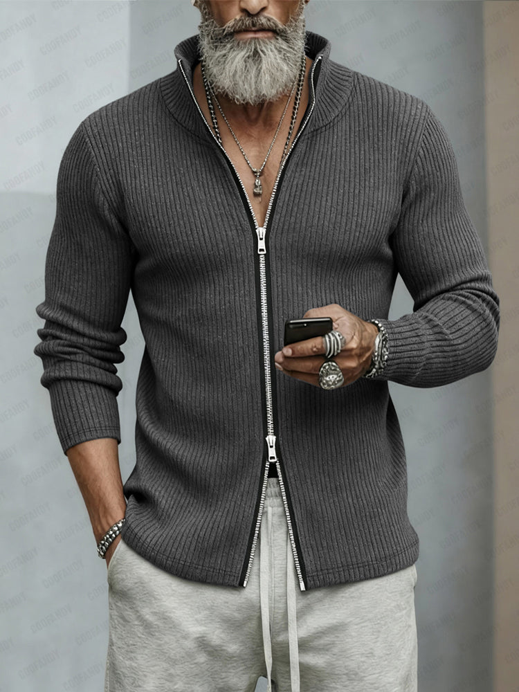 Casual Two-Way Zip Stand Collar Cardigan