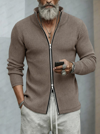 Casual Two-Way Zip Stand Collar Cardigan