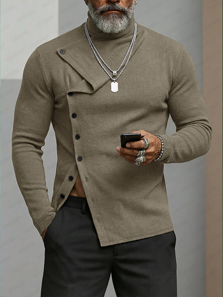 Elastic Slant Placket Turtleneck Knit Top