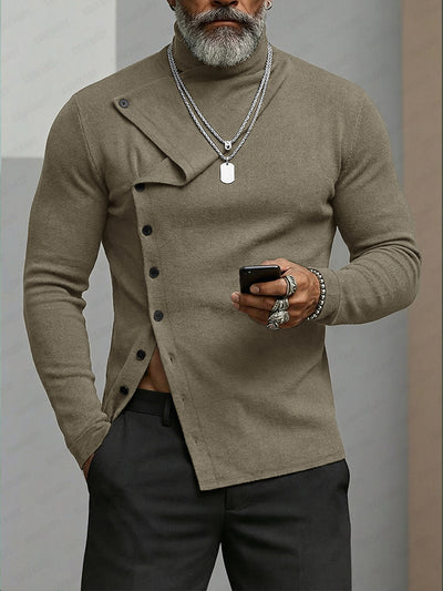 Elastic Slant Placket Turtleneck Knit Top