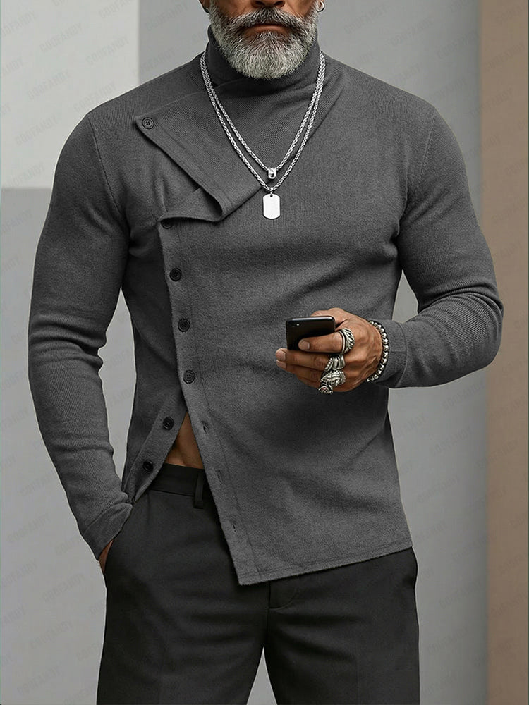 Elastic Slant Placket Turtleneck Knit Top