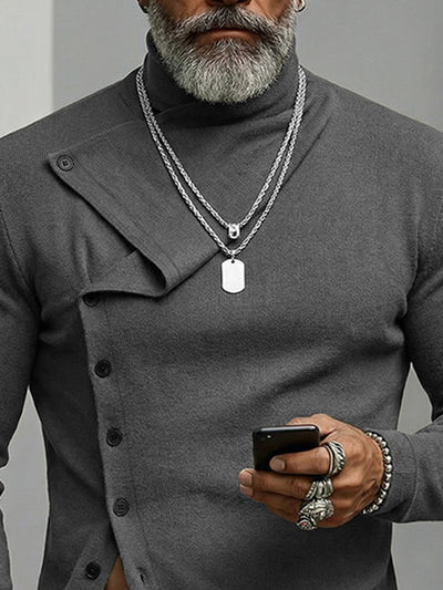 Elastic Slant Placket Turtleneck Knit Top