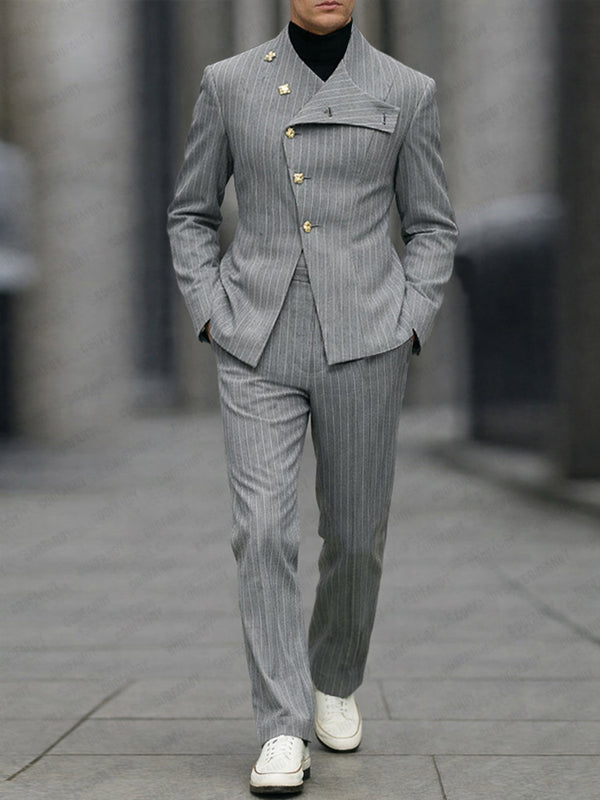 Unique Slant Buttoned Striped Suit Set